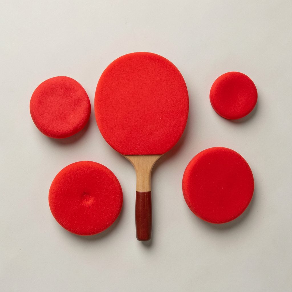 Overhead flat-lay photograph of a modern blue Cornilleau outdoor table tennis table centered on a clean white surface, with warm coral accents and soft daylight, creating a bright, inviting mood.