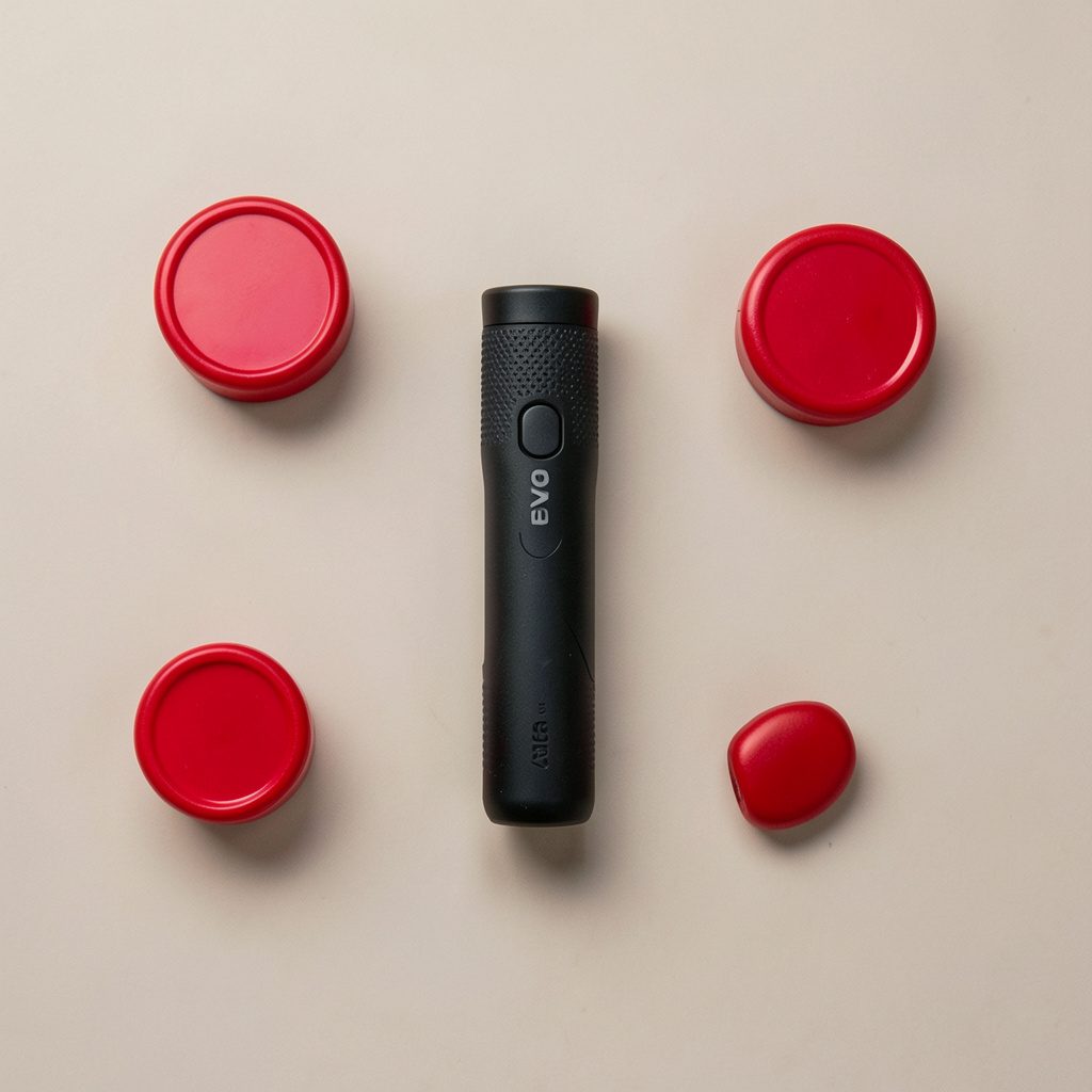 Overhead flat-lay photograph of a sleek Stiga table tennis racket with red and black rubber surfaces placed on a deep navy background, lit with a single soft light to create a focused, premium mood.